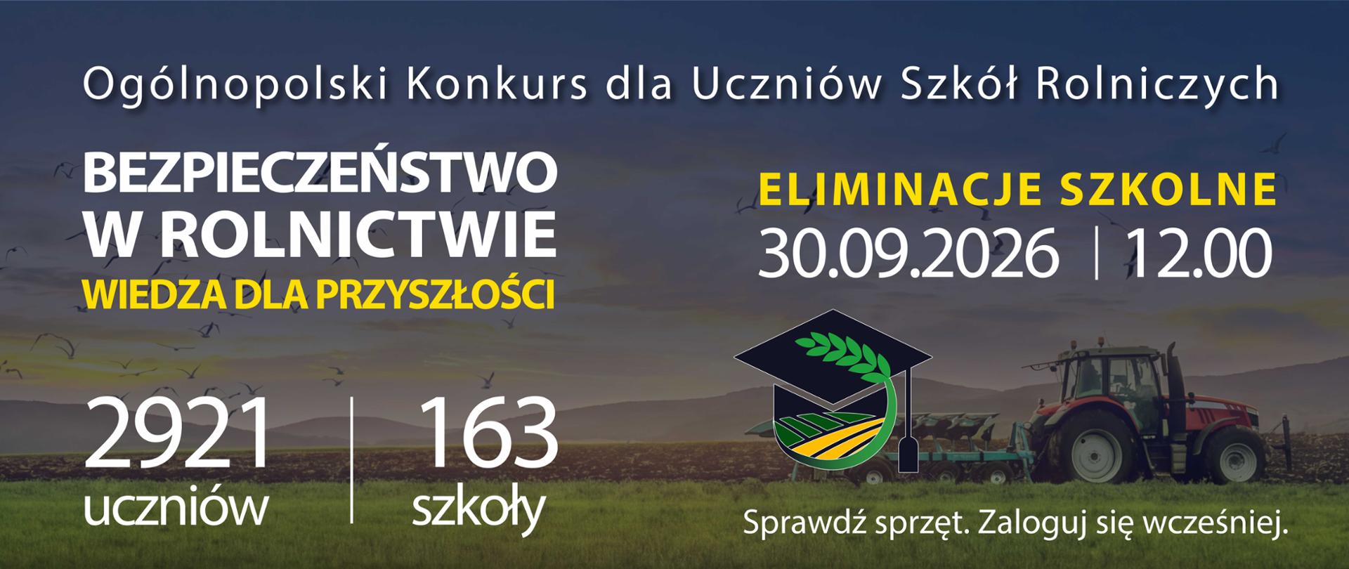 Na grafice z traktorem pracującym na polu umieszczono białe i żółte napisy ze statystykami zgłoszeń do konkursu oraz logo konkursu.