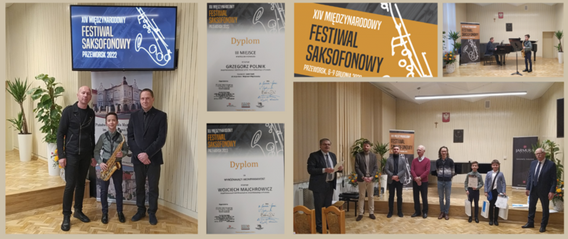 zdjęcie przedstawia zdjęcia z festiwalu saksofonowego w Przeworsku oraz pośrodku zdjęcia otrzymanych dyplomów