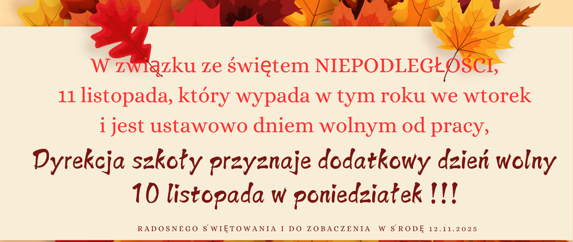Plakat z rysunkami liści w kolorach jesiennych - pomarańczowe, żółte, brązowe. Napisy brązowe