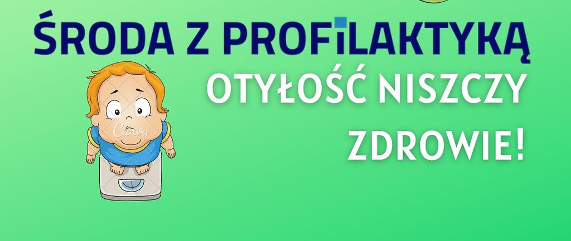grafika chłopiec waży się na wadze obok miarka