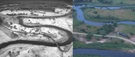 Porównanie zdjęć z drona obraz z kamery termowizyjnej po lewej. Widok na rzekę Pilicę.