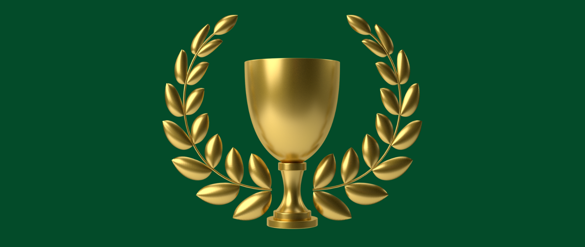 Puchar otoczony wieńcem laurowym w kolorze złotym na zielonym tle