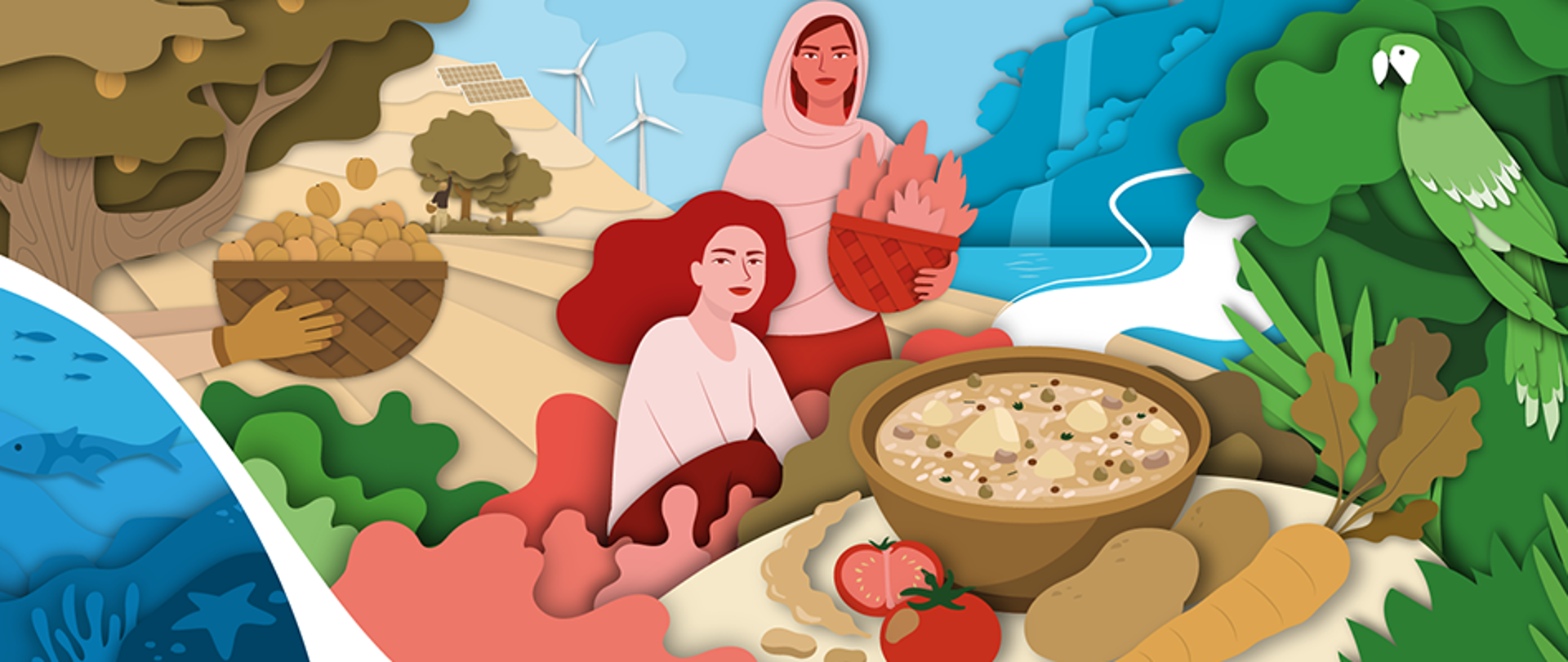 Grafika na której znajdują się dwie kobiety: jednak z nich siedzi, druga stoi i trzyma kosz w ręku. Z lewej strony grafiki są ręce z koszem i drzewo, z prawej strony: drzewo, papuga, stół a na nim: dwa pomidory, pietruszka, dwa ziemniaki, miska z jedzeniem. W tle rzeka, dwie turbiny wiatrowe.