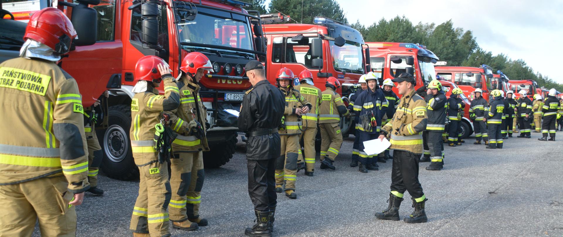 Zdjęcie przedstawia strażaków w ubraniach specjalnych w tle wozy bojowe.