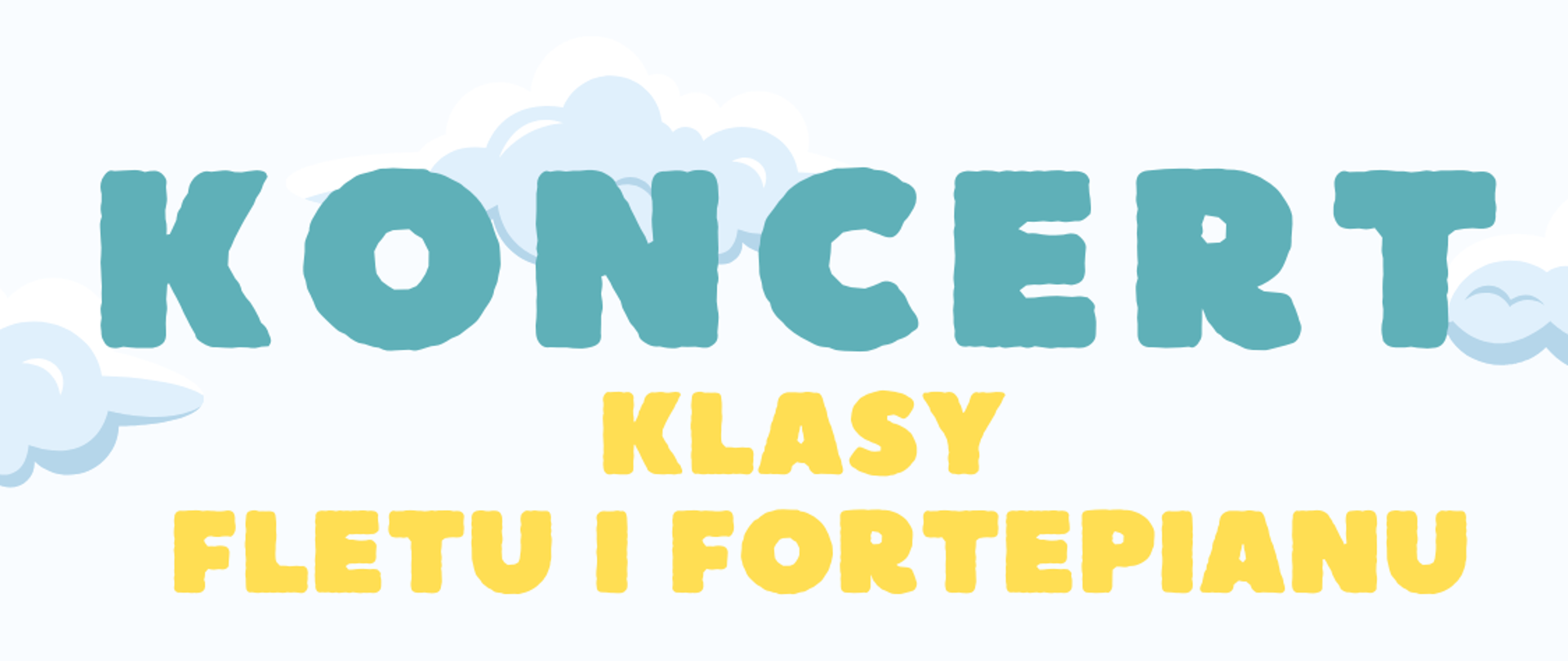 Tło obrazka w zimowej scenerii. W góry niebieski napis "koncert". Poniżej żółty napis: "klasy fletu i fortepianu". Dalej na niebieskim polu żółtymi literami informacja o dacie, godzinie i miejscu koncertu. Poniżej niebieskimi literami informacja, kto wystąpi podczas koncertu. Dalej do dołu po lewej stronie grafika dziewczyny w brązowych włosach i czarnym fraku, która gra na czarnym fortepianie. Po prawej stronie dziewczyna w brązowych włosach, żółtej bluzce i niebieskiej spódnicy, która k=gra na flecie. U samego dołu po środku brązowy napis: "zapraszamy"