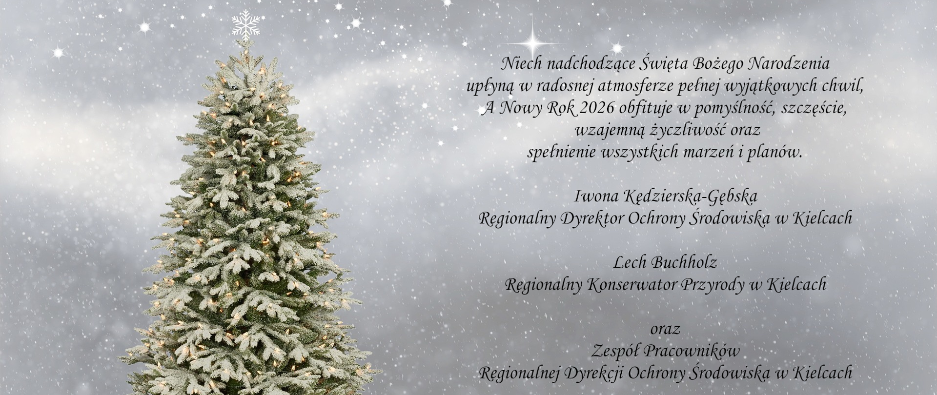 Niech nadchodzące Święta Bożego Narodzenia upłyną w radosnej atmosferze pełnej wyjątkowych chwil, a Nowy Rok 2026 obfituje w pomyślność, szczęście, wzajemną życzliwość oraz spełnienie wszystkich marzeń i planów.Iwona Kędzierska-Gębska Regionalny Dyrektor Ochrony Środowiska w Kielcach Lech Buchholz Regionalny Konserwator Przyrody w Kielcach oraz zespół pracowników Regionalnej Dyrekcji Ochrony Środowiska w Kielcach. grafika: Pixabay