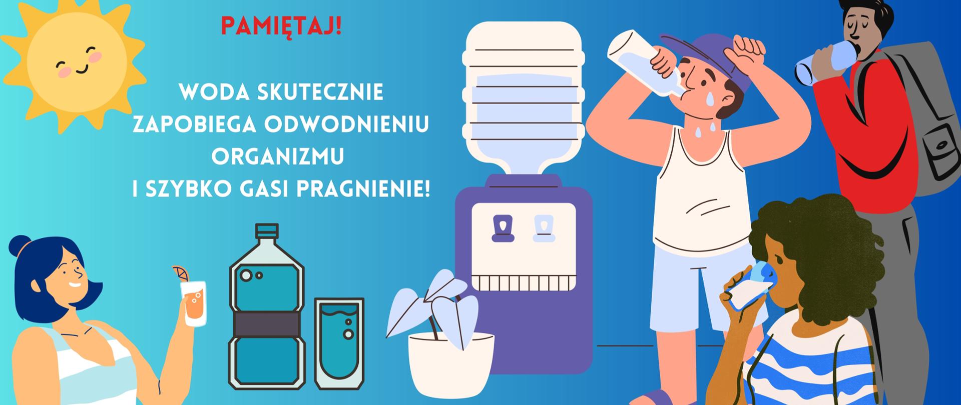 Po lewej u góry słonce, obok napis "Pamiętaj! Woda skutecznie zapobiega odwodnieniu organizmu i szybko gasi pragnienie", poniżej kobieta w bluzce w paski pije wodę, obok butelka i szklanka wody, po prawej dystrybutor wody, po prawej mężczyzna z plecakiem pijący wodę, poniżej obieta pijąca wodę