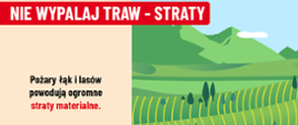 Grafika przedstawia łąki i pola uprawne objęte pożarem w ramach akcji społecznej Stop Pożarom Traw.
