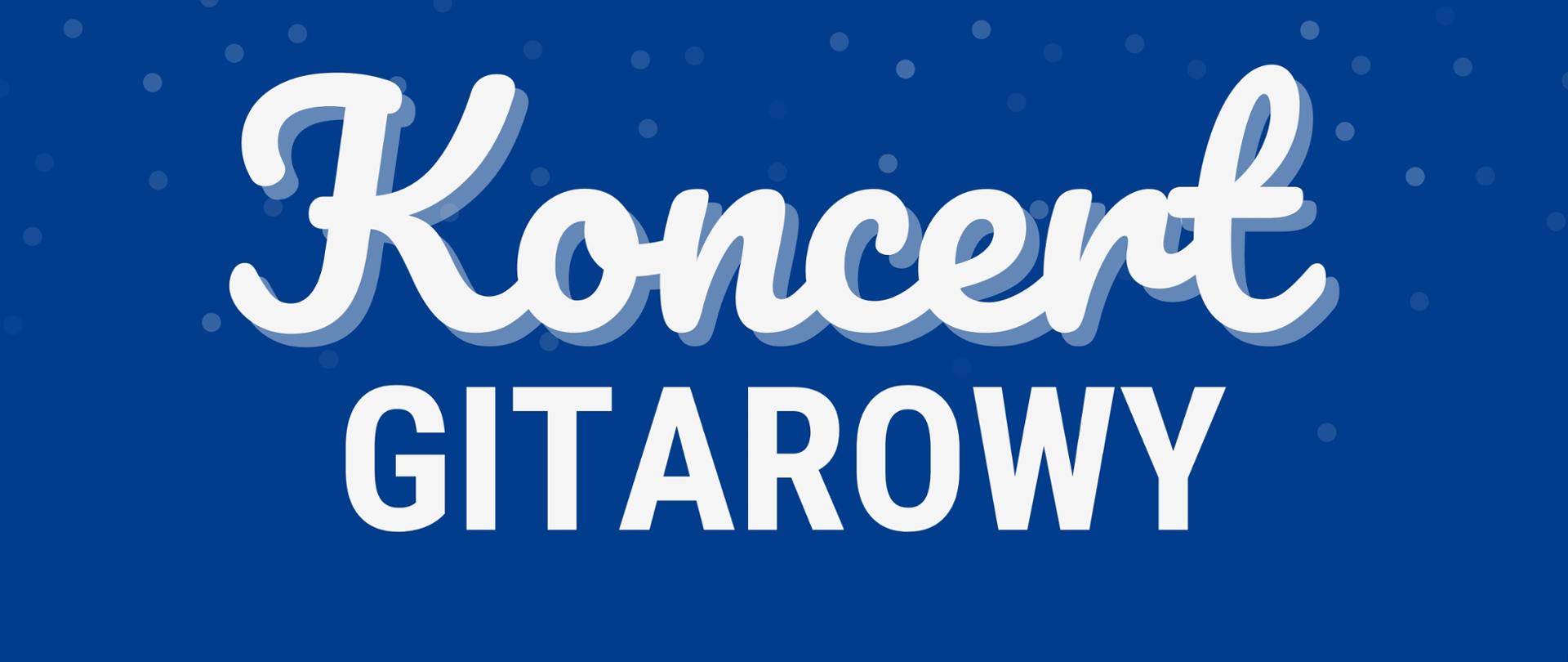 Plakat z wydarzeniem - Koncertem gitarowym uczniów Lucyny Chwistek-Cisło oraz Eweliny Stępień, który odbędzie si w dniu 24 stycznia 2024r. w auli ZPSM w Dębicy; napisy na plakacie białe, tło niebieskie, na górze plakatu umieszczona jest chmura z której sypie śnieg, na dole plakatu znajdują się ośnieżone domy, drzewa i bałwanek