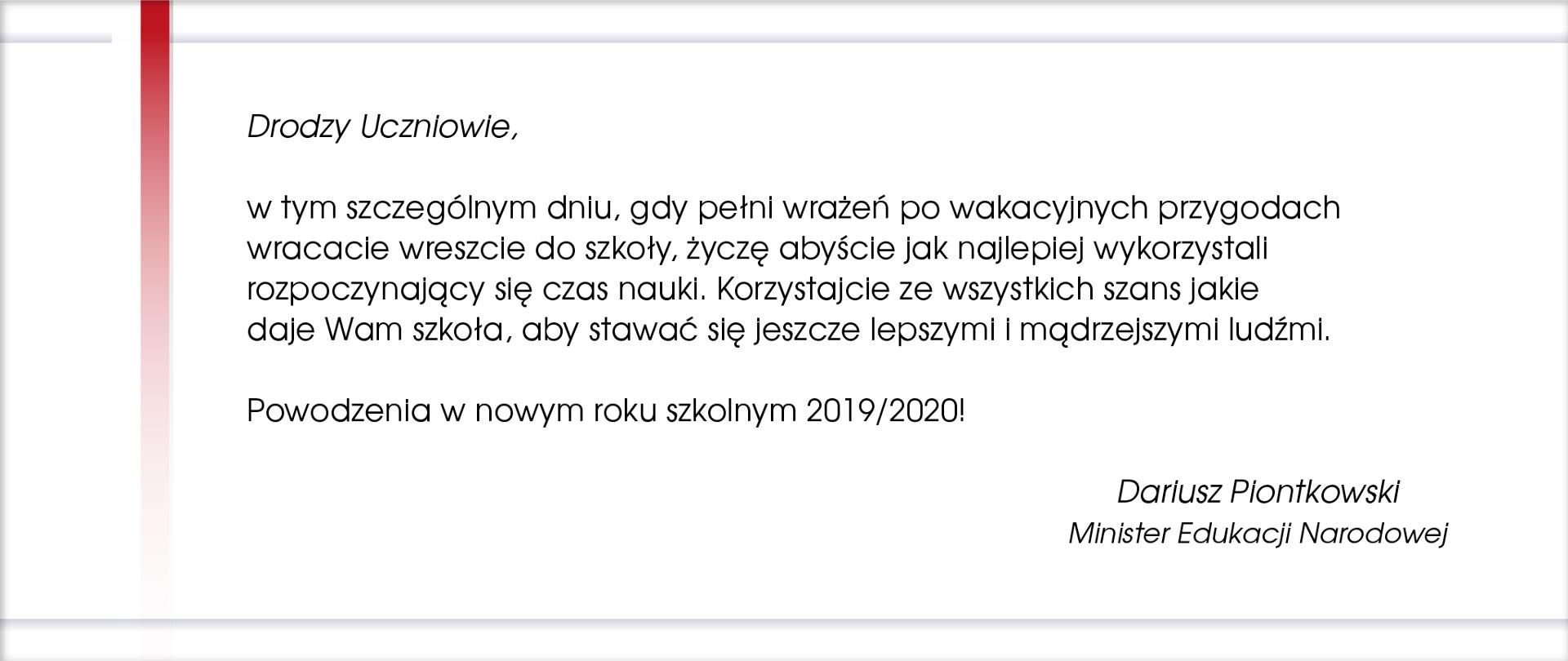 Życzenia Ministra Edukacji Narodowej na rozpoczynający się rok szkolny 2019/2020