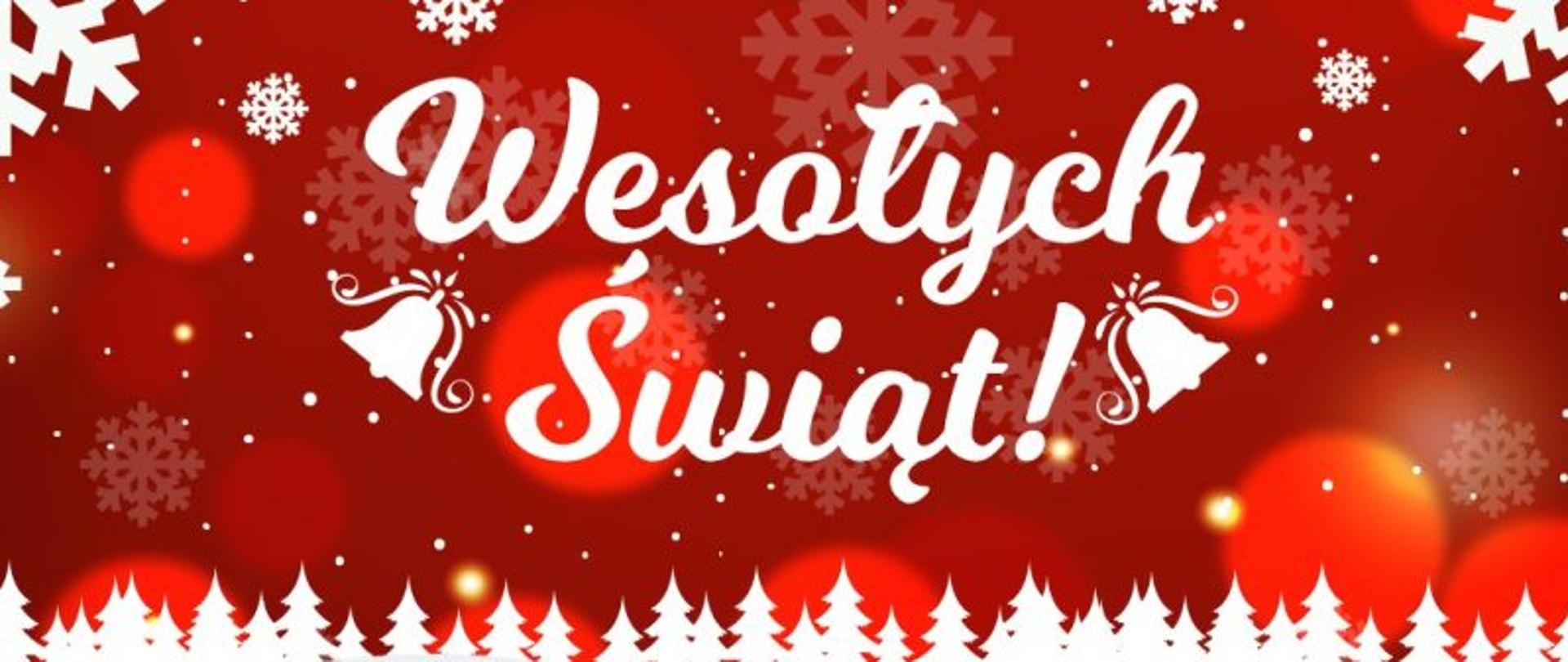 Napis Wesołych Świąt na czerwonym tle. 