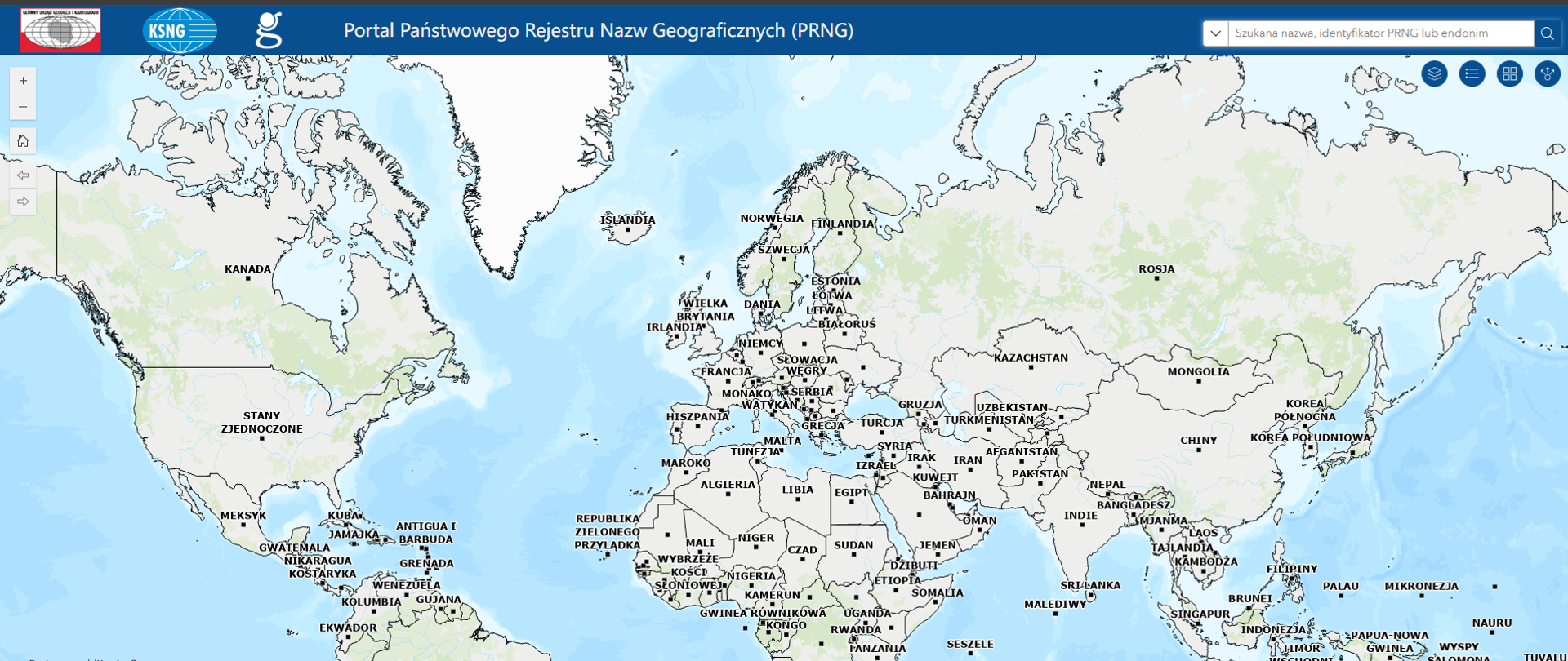 Zrzut ekrany ze strony startowej Portalu Państwowego Rejestru Nazw Geograficznych przedstawiającej mapę świata z granicami oraz polskimi nazwami państw.