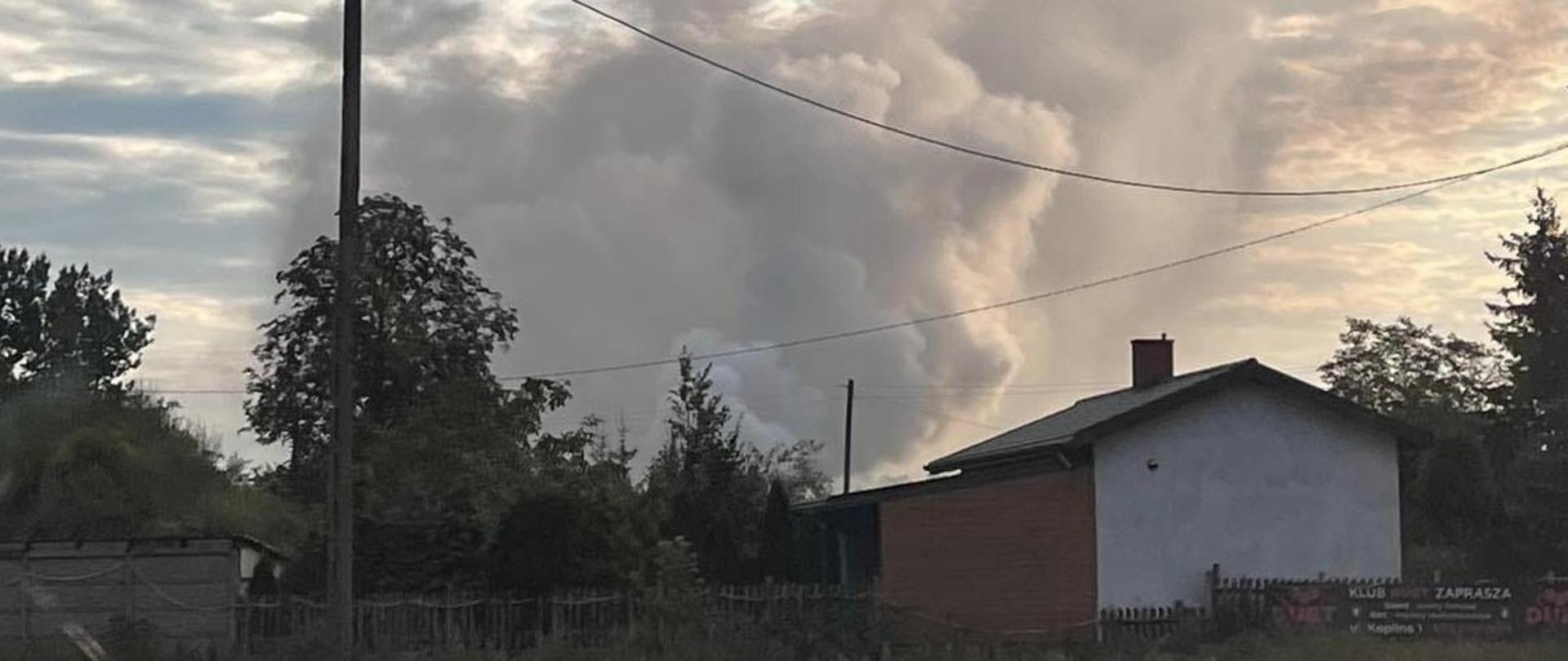 Na zdjęciu w oddali widać unoszący się szary dym.