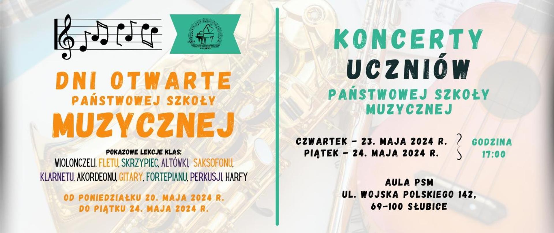 Grafika zapowiadająca dni otwarte szkoły oraz koncert uczniów.