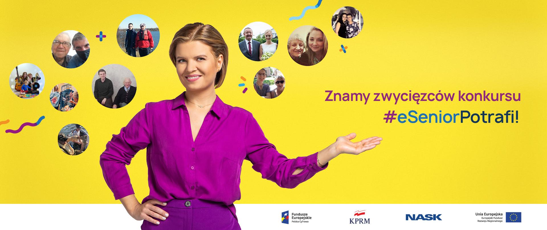 Ubrana na fioletowo Marta Manowska na żółtym tle. Naokoło niej zdjęcia laureatów konkursu z seniorami. Z lewej strony tekst: Znamy zwycięzców konkursu #eSeniorPotrafi!