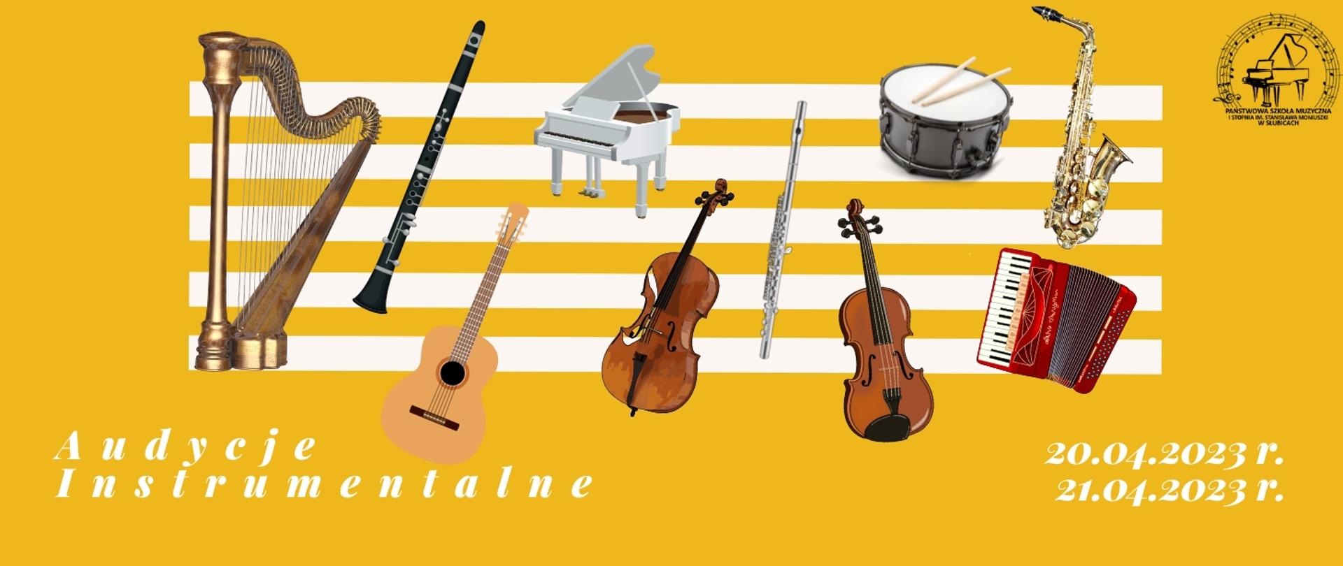 Zapowiedź audycji, na żółtym tle ikony instrumentów muzycznych, napis audycje instrumentalne, data audycji i logo szkoły.