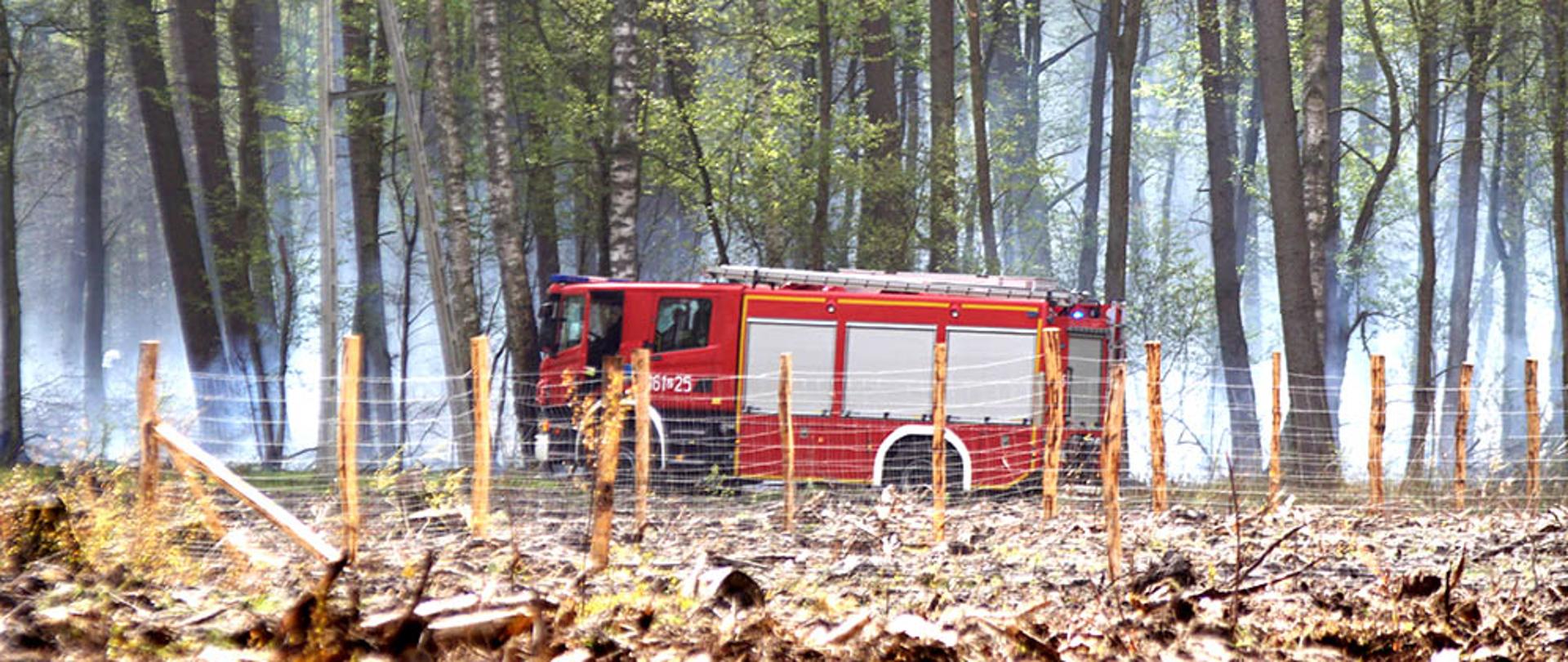 Zdjęcie przedstawia samochód straży pożarnej na drodze leśnej.