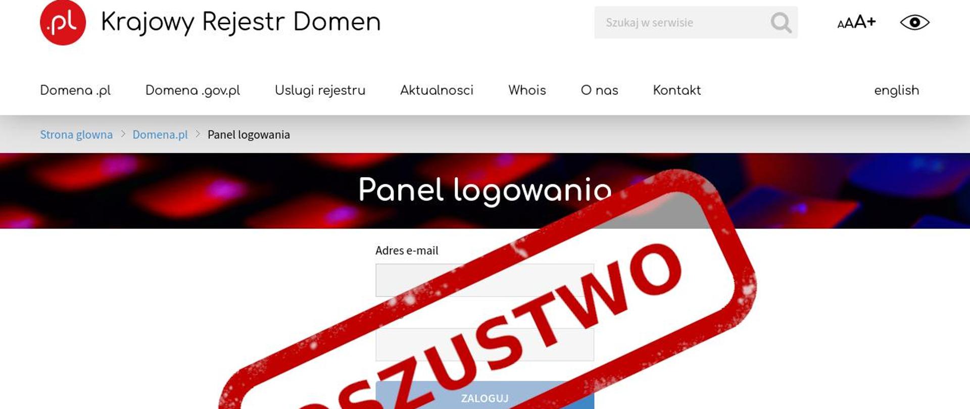 Zdjęcie fałszywej strony internetowej podszywającej się pod Krajowy Rejestr Domen , na środku czerwony napis oszustwo