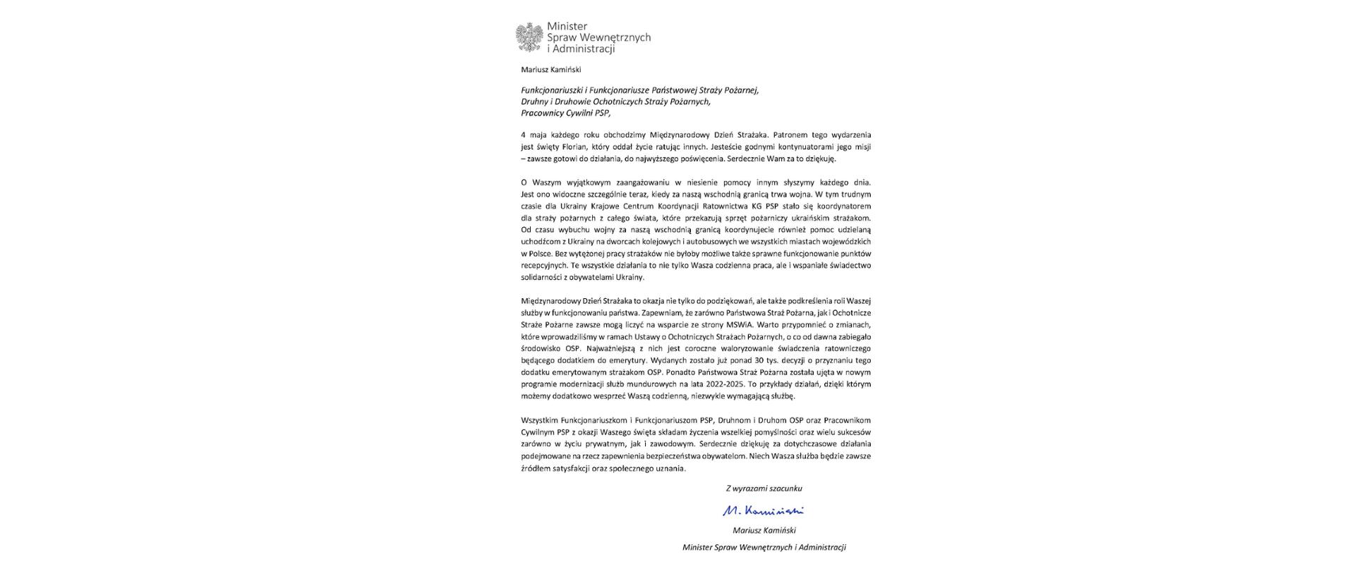 ŻYCZENIA MINISTRA SPRAW WEWNĘTRZNYCH I ADMINISTRACJI Z OKAZJI DNIA STRAŻAKA