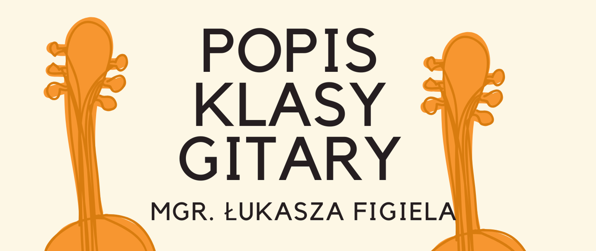 Plakat z jasnym tłem oraz grafikami gitar, w centrum znajdują się informacje o wydarzeniu, na dole widnieje logo szkoły
