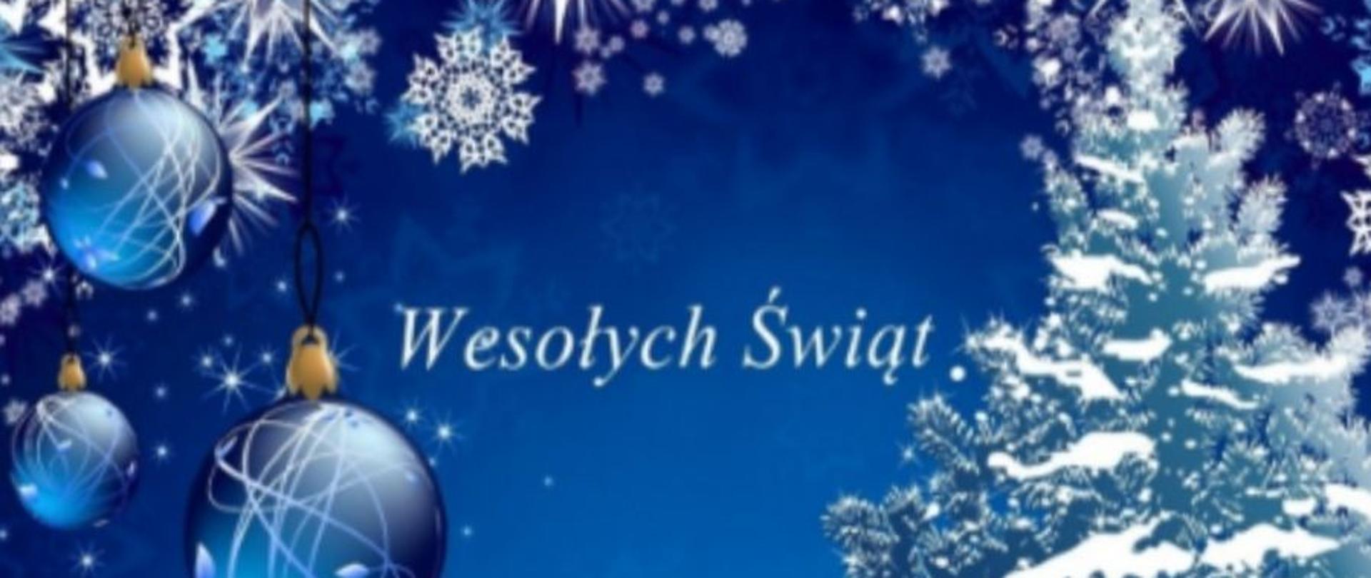 Kartka z okazji Świąt Bożego Narodzenia, na niebieskim tle elementy graficzne nawiązujące do symboliki Świąt Bożego Narodzenia
