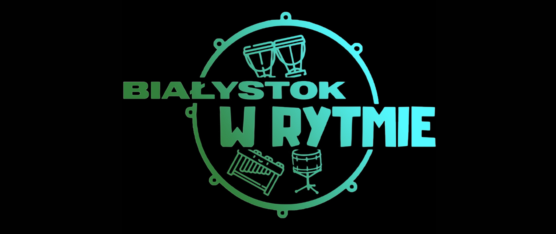 Logotyp z napisem "Białystok w rytmie". W grafice wielki bęben, kotły, werbel i ksylofon w wersji uproszczonej. Całość w kolorze seledynowym na czarnym tle.