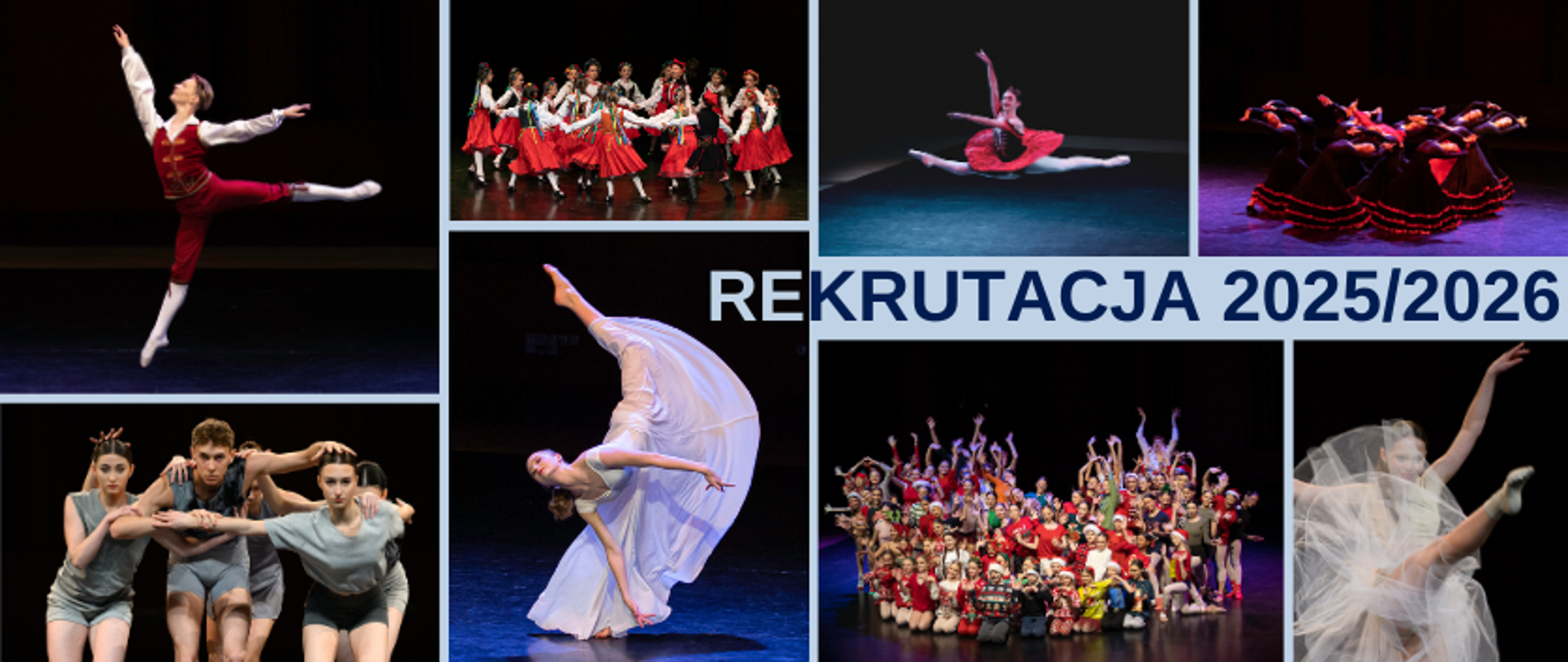 grafika: napis rekrutacja 2025/2026, obok napisu po obu stronach zdjęcia uczniów łódzkiej szkoły baletowej na scenie podczas szkolnych koncertów, w różnych technikach tańca