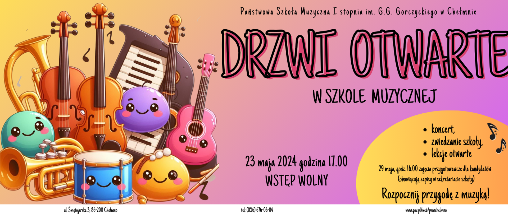 Po lewej stronie kolorowe rysunki instrumentów muzycznych. Po prawej stronie informacja o zdarzeniu.