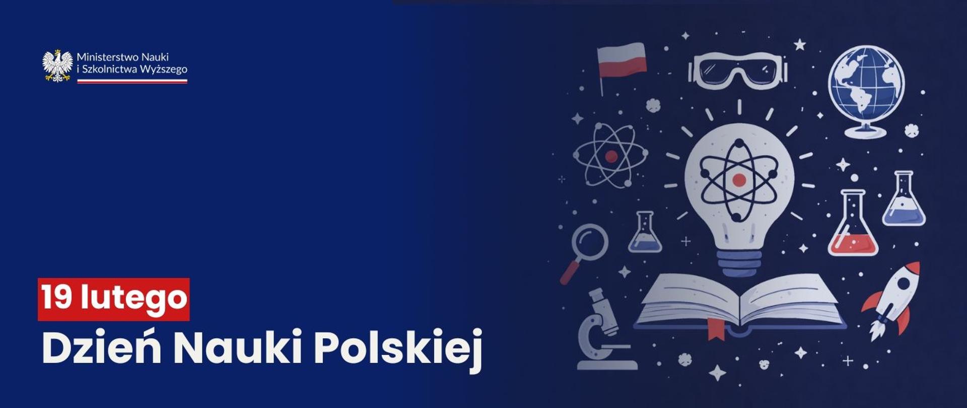 Grafika - na niebieskim tle napis Dzień Nauki Polskiej.