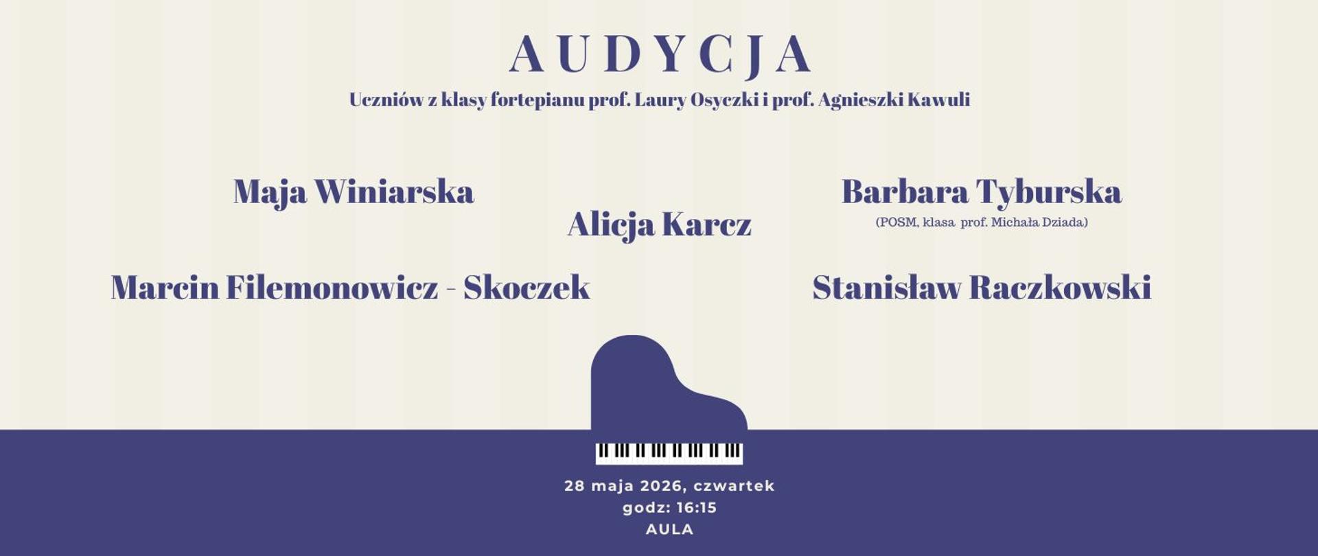 Audycja fortepianowa 28.05.2026 godz.16.15 plakat z niebieskim pasem i zarysem fortepianu