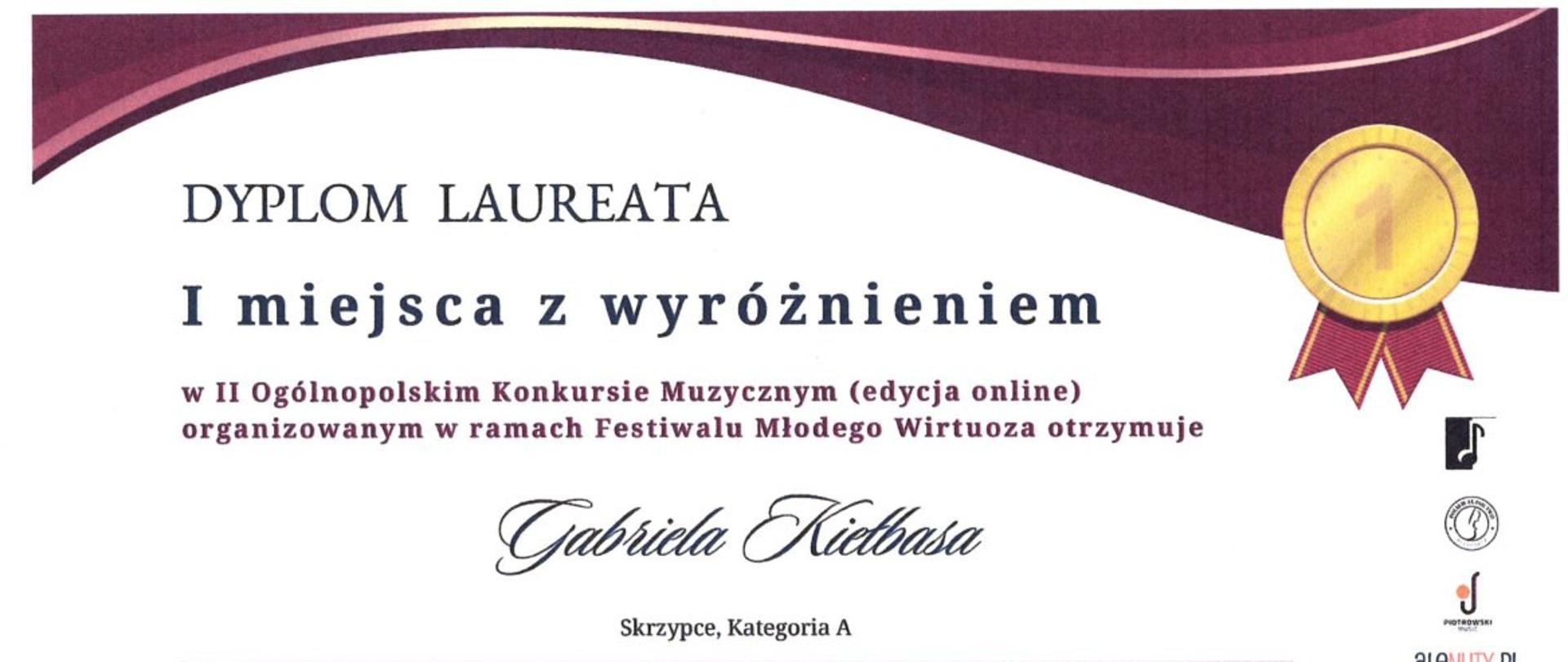 Dyplom za zajęcie i miejsca na konkursie. Kolorowe litery na białym tle.