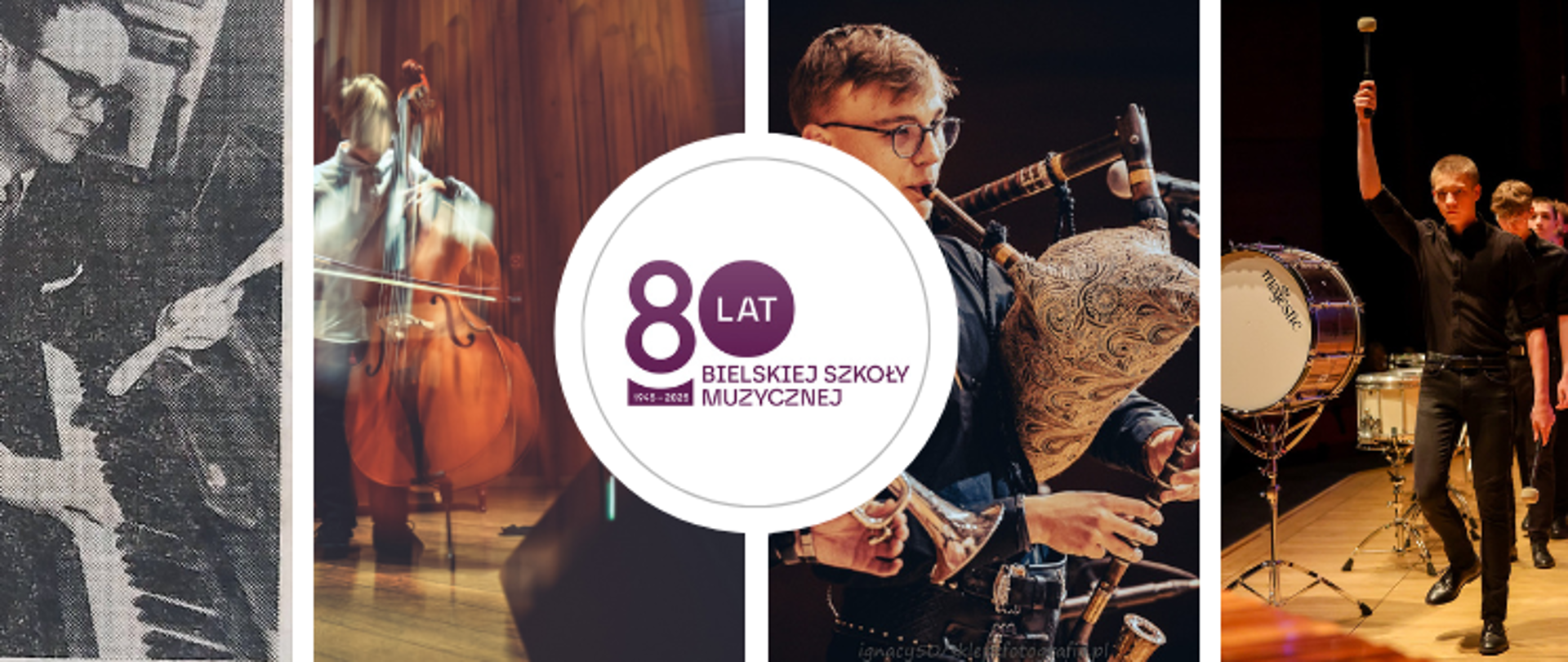 grafika przedstawiająca 4 zdjęcia z historii i teraźniejszości szkoły zrobione podczas koncertów. Na środku napis na białym tle 80 Lat Bielskiej Szkoły Muzycznej 