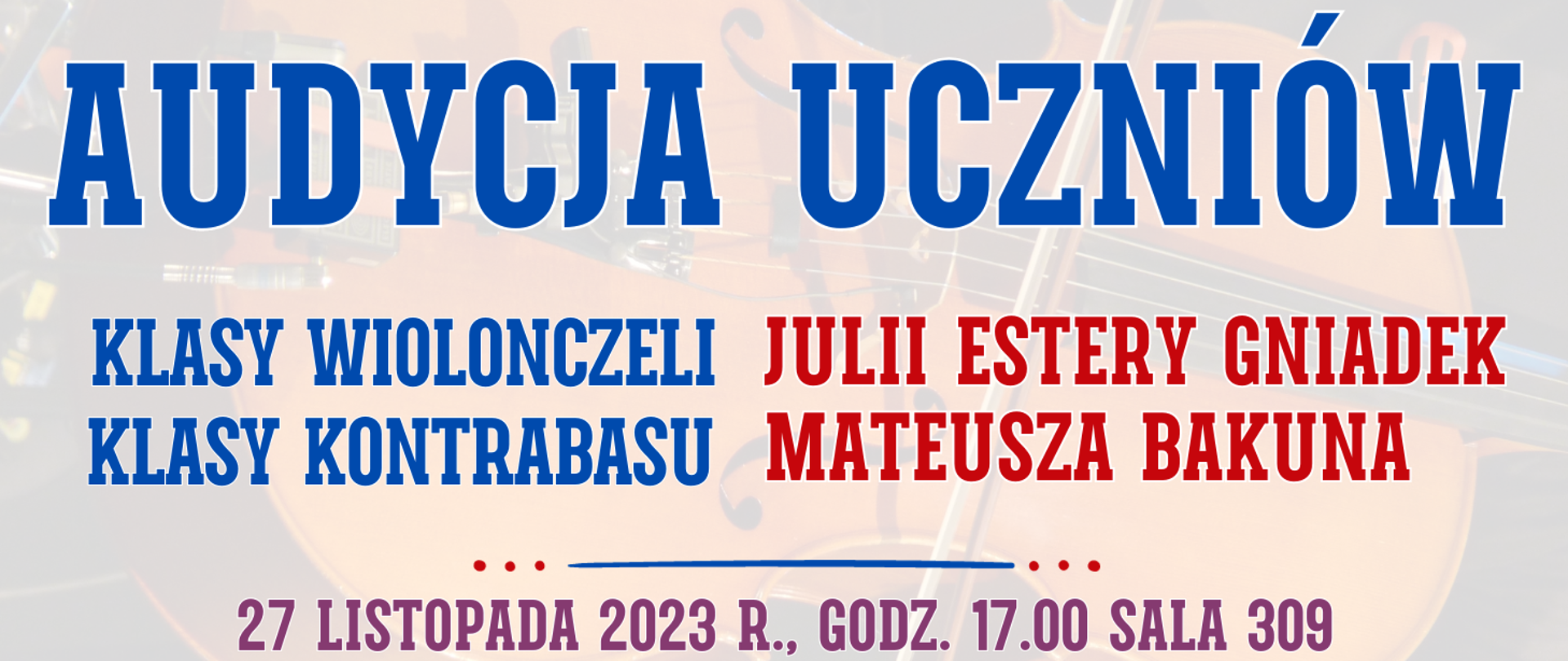 kolorowe tło z widocznym półprzezroczystym kontrabasem oraz informacja o wydarzeniu