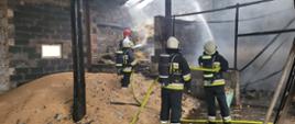 Zdjęcie zrobione w budynku gospodarczym. Na zdjęciu widać czterech strażaków z linią gaśniczą, którzy dogaszają pożar słomy