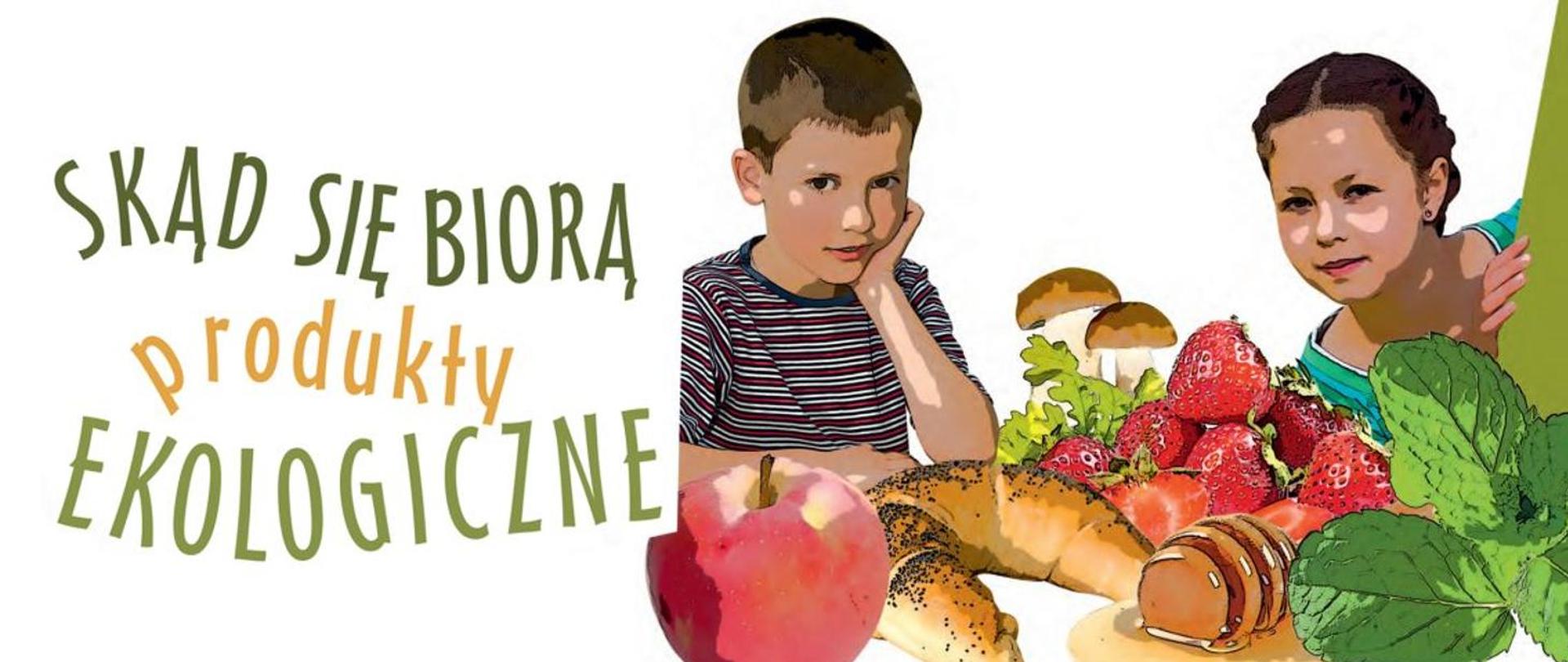 Dzieci chłopczyk i dziewczynka patrzą na ekologiczne produkty żywnościowe , czerwone jabłko, truskawki, grzyby, rogal 