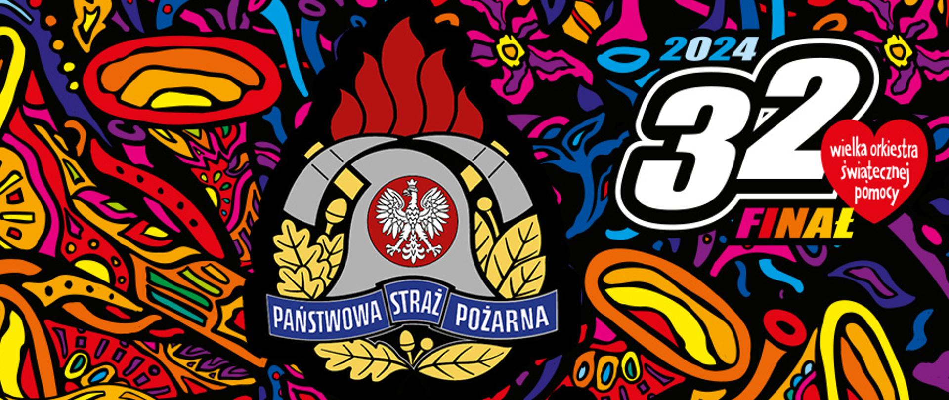 Logo PSP na tle grafiki 32 finału WOŚP