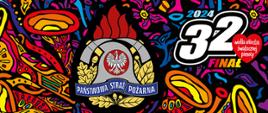Logo PSP na tle grafiki 32 finału WOŚP