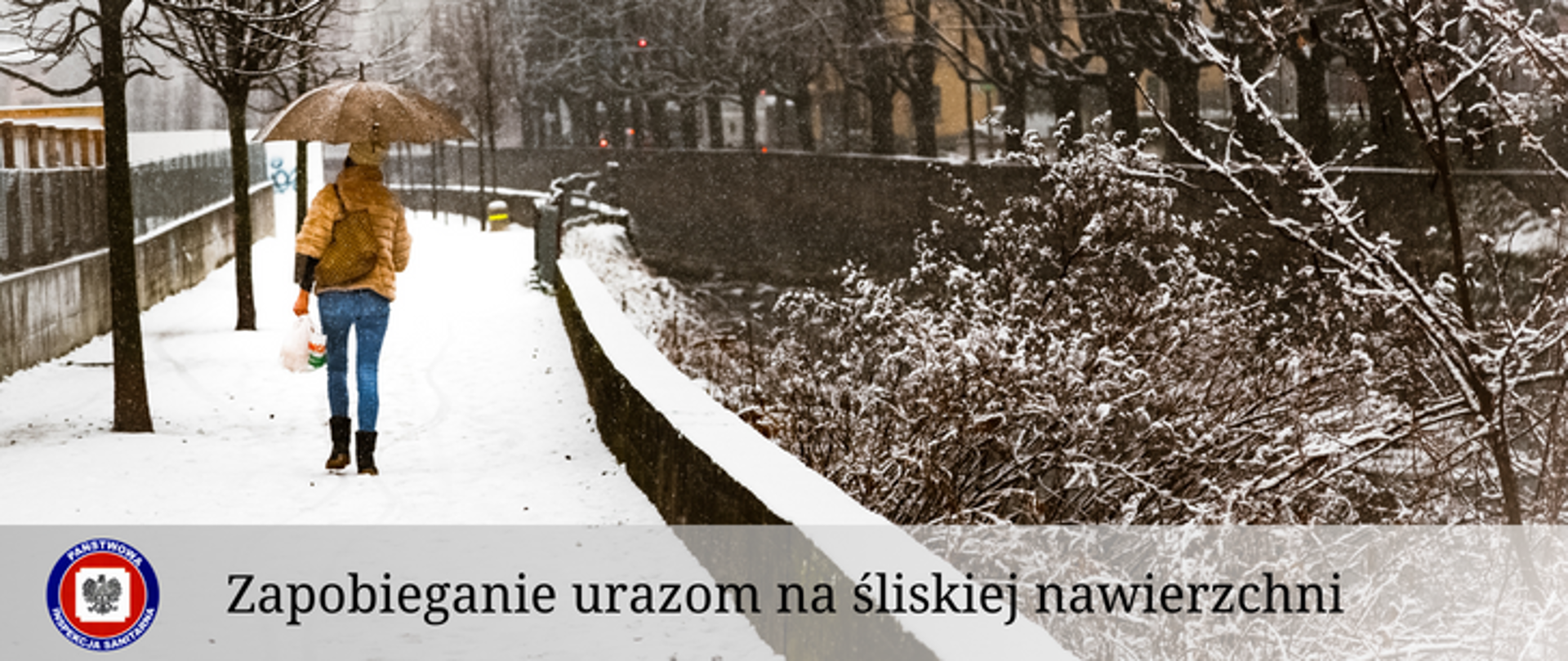 Kobieta z parasolem idąca wzdłuż murowanego nabrzeża rzeki zimową porą, na dole przezroczysty pasek z ciemnym napisem Zapobieganie urazom na śliskiej nawierzchni a z jego lewej strony logo Państwowej Inspekcji Sanitarnej.