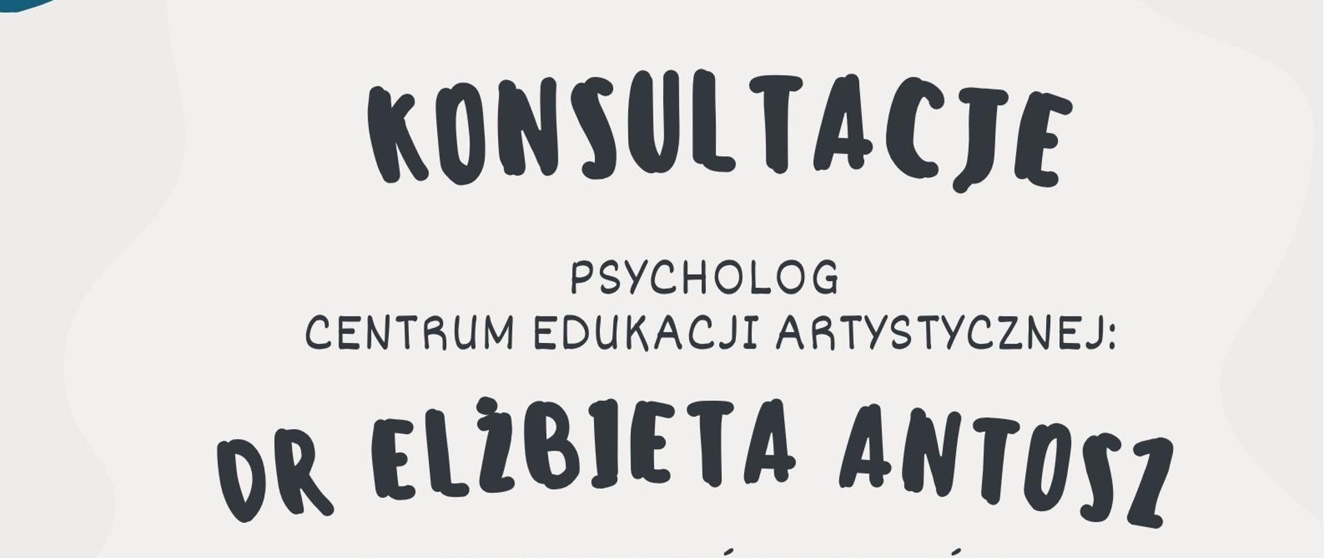 Plakat na jasnym tle zawiera u góry logo szkoły muzycznej oraz nazwę instytucji, a centralnie duży, pogrubiony napis „Konsultacje”. Poniżej podano informację o spotkaniach z psychologiem dr Elżbietą Antosz oraz zaproszenie dla uczniów, rodziców i pracowników szkoły, wraz z zasadami zapisów do 30 marca do godziny 19.00. W dolnej części znajduje się data i miejsce wydarzenia (31 marca 2026 roku od godziny 15.00, sala 1.7) oraz ilustracja dwóch osób siedzących naprzeciw siebie i rozmawiających, otoczona dekoracyjnymi roślinnymi motywami.
