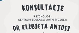 Plakat na jasnym tle zawiera u góry logo szkoły muzycznej oraz nazwę instytucji, a centralnie duży, pogrubiony napis „Konsultacje”. Poniżej podano informację o spotkaniach z psychologiem dr Elżbietą Antosz oraz zaproszenie dla uczniów, rodziców i pracowników szkoły, wraz z zasadami zapisów do 30 marca do godziny 19.00. W dolnej części znajduje się data i miejsce wydarzenia (31 marca 2026 roku od godziny 15.00, sala 1.7) oraz ilustracja dwóch osób siedzących naprzeciw siebie i rozmawiających, otoczona dekoracyjnymi roślinnymi motywami.