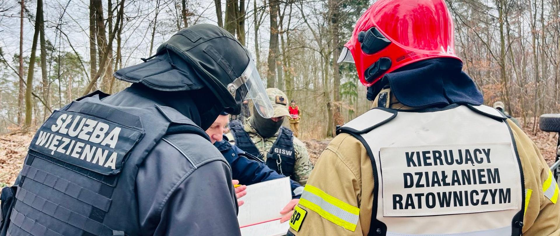 Zdjęcie przedstawia wszystkie służby biorące udział w ćwiczeniach, w tle las 