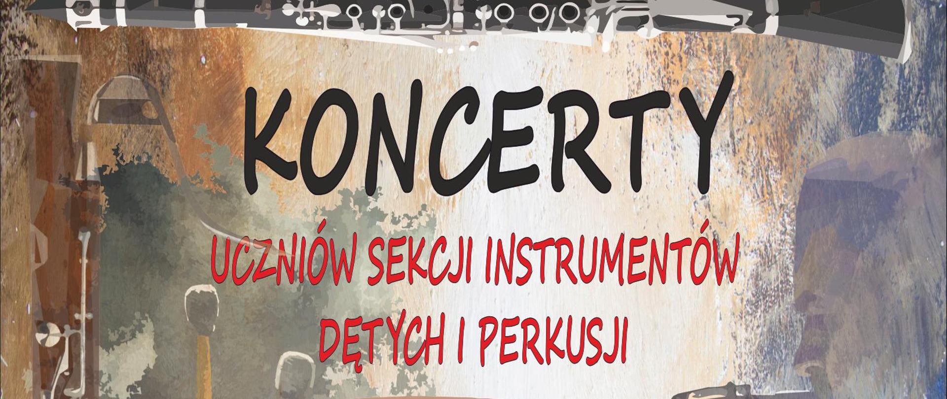 plakat z motywem instrumentów muzycznych z napisem Zespół Państwowych Szkół Muzycznych w Elblągu; Koncerty uczniów sekcji instrumentów dętych i perkusji; Sala koncertowa ZPSM 13, 15, 16 stycznia 2024 r. godzina 16:30