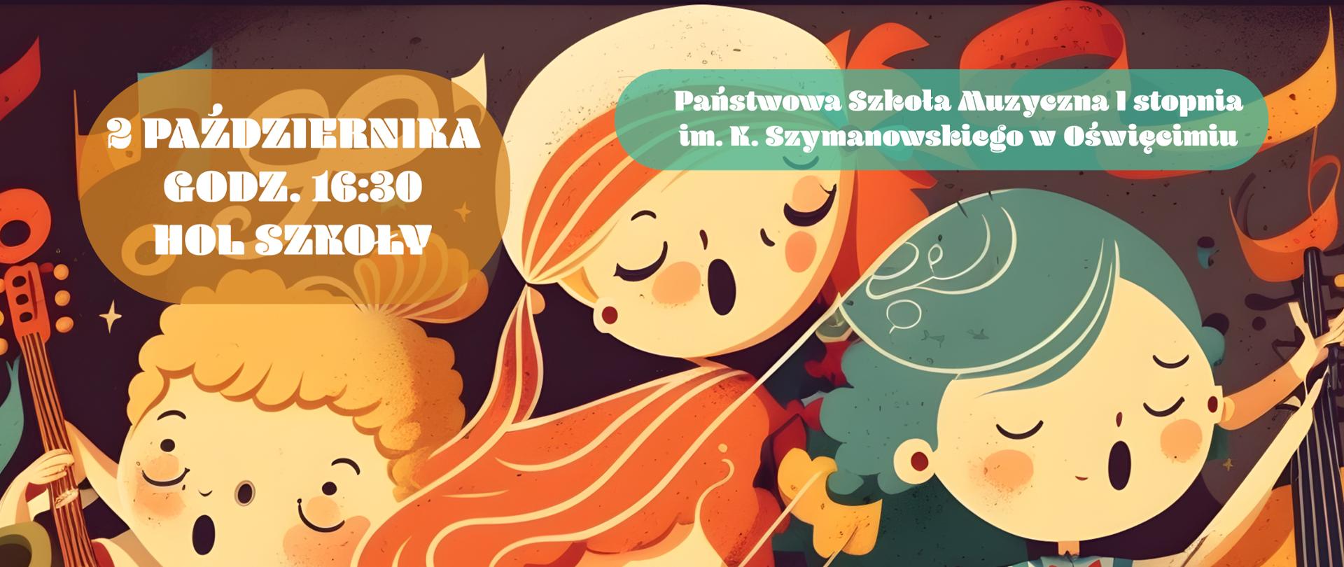 Afisz z zaproszeniem do wspólnego muzykowania z okazji Międzynarodowego Dnia Muzyki. Zapraszamy 2 października o godz. 16:30 do hallu szkoły.