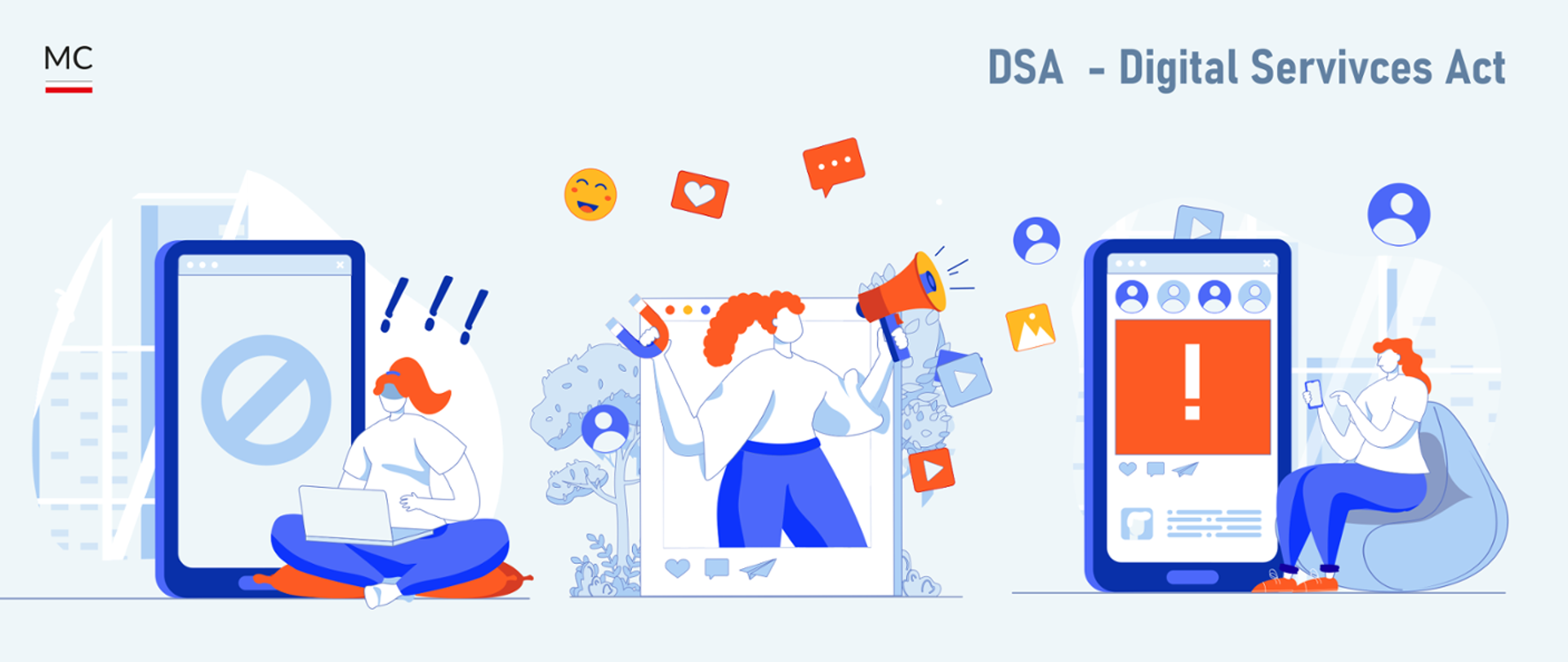 Grafika wektorowa o postacie używające smartfonów, w prawym górnym rogu napis Digital Services Act -DSA