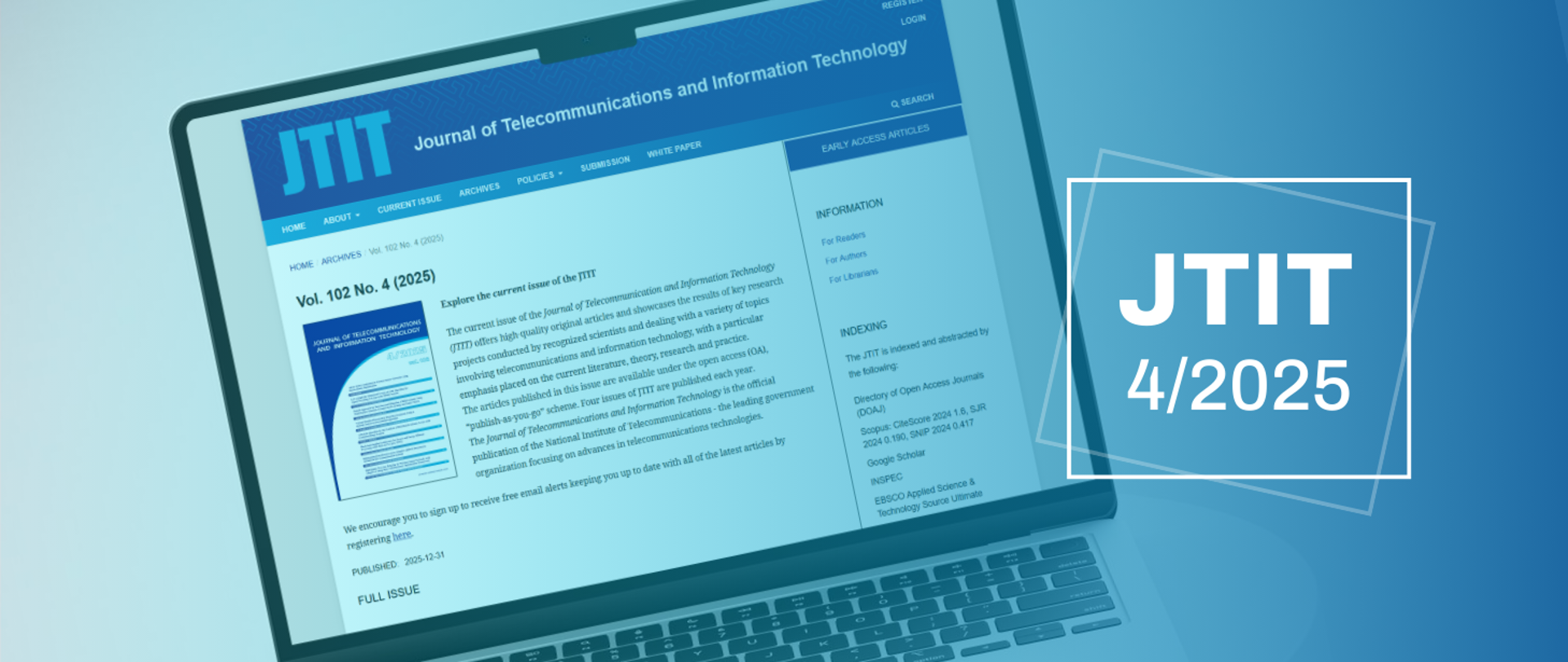 Laptop screen displaying the Journal of Telecommunications and Information Technology (JTIT) website, showing Volume 102, Issue 4 (2025), with a graphic label reading “JTIT 4/2025” on the right.