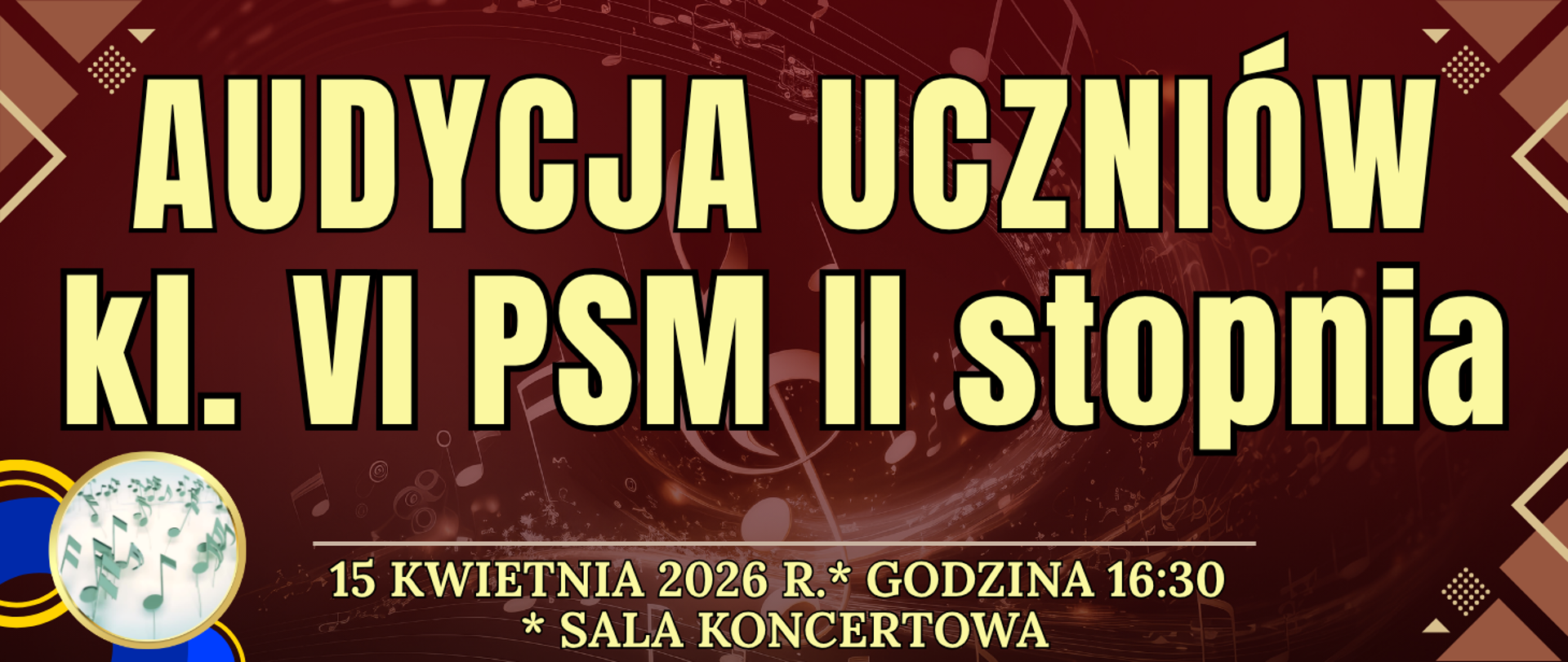 baner w tle wirująca nuta muzyczna trójkątne kolorowe narożniki i oraz informacja o wydarzeniu 