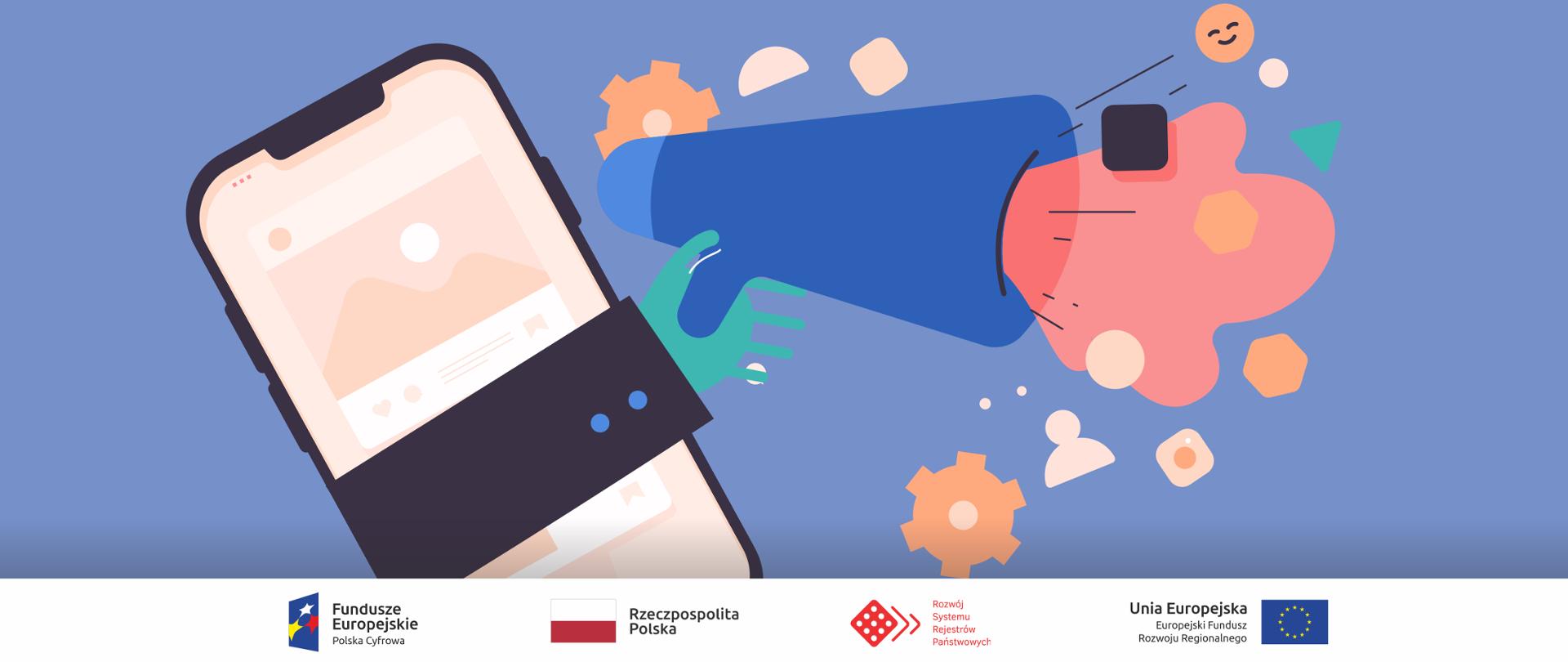 Ikona smartfona, który trzyma megafon, z którego wylatują ikony powiadomień.