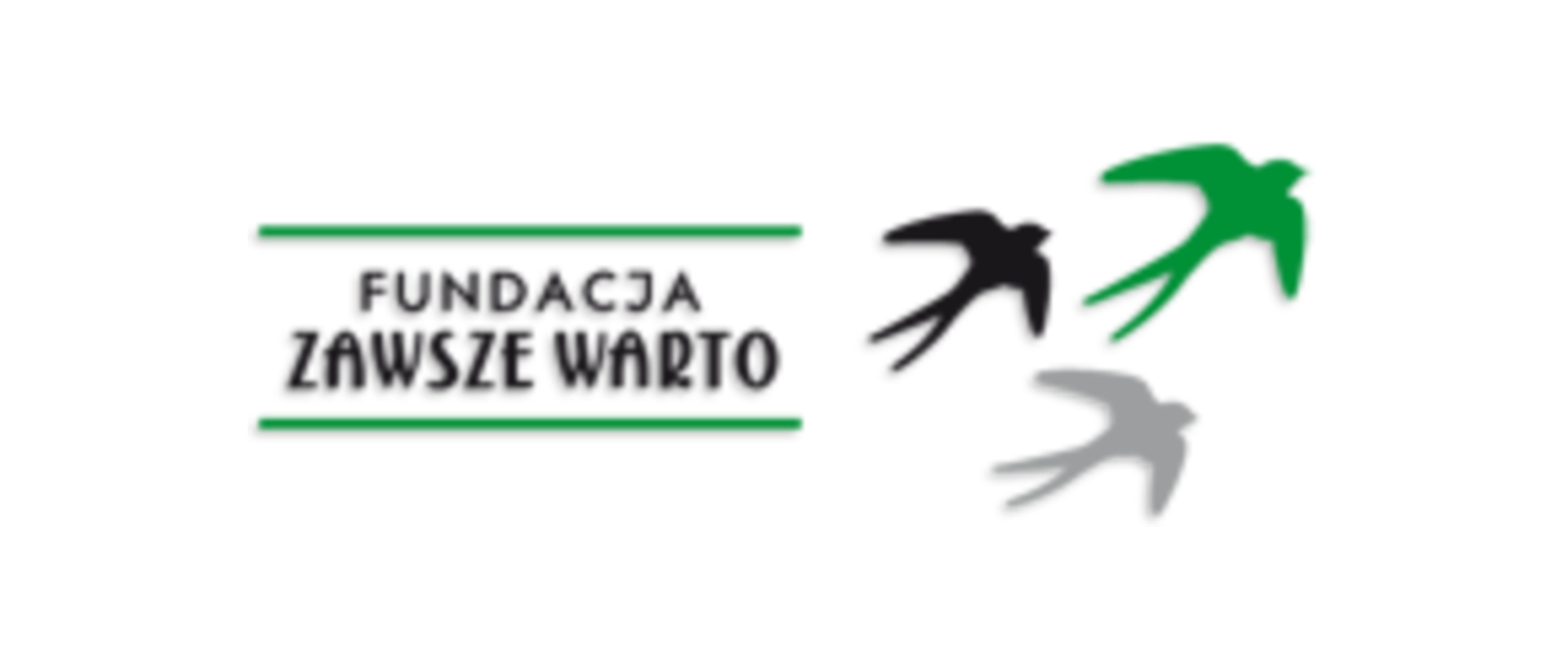 Z lewej między zielonymi równoległymi liniami czarny napis Fundacja Zawsze Warto. Z prawej trzy jaskółki: czarna zielona i jasnoróżowa