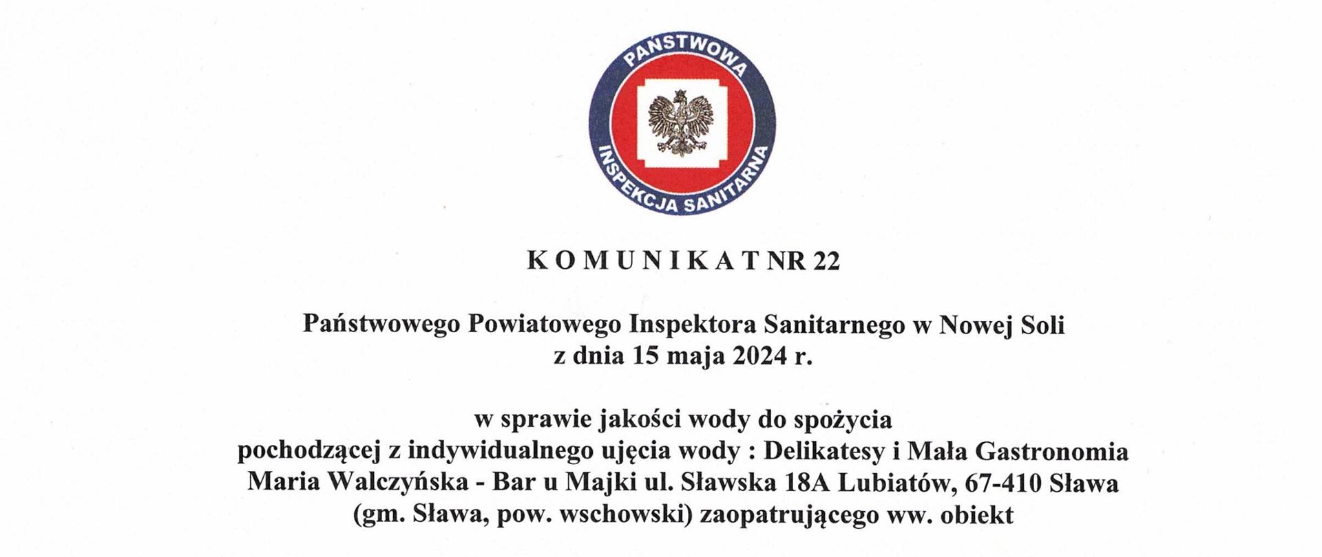 Komunikat nr 22 warunkowa przydatnośc wody Mała gastronomia Lubiatów