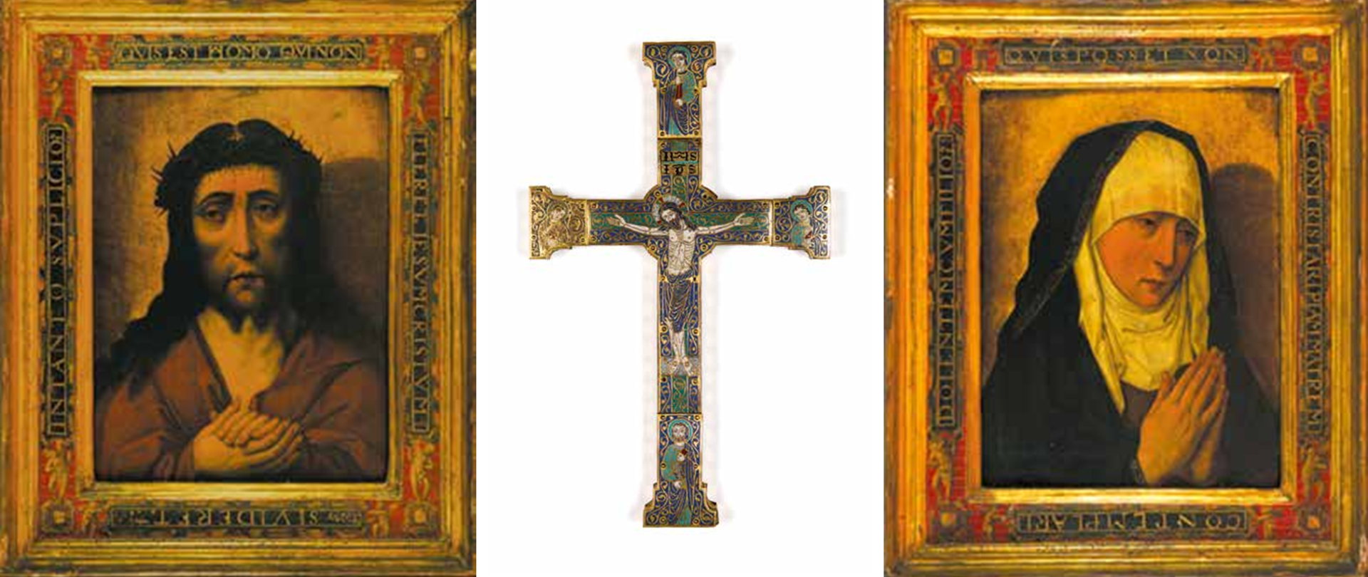 Warsztat Dierica Boutsa, Mater Dolorosa, Ecce Homood ok. II poł. XV w. do I ćw. XVI w., olej, tempera, deska / Muzeum Narodowe w Poznaniu
– depozyt Skarbu Państwa | Warsztat z Limoges, Krzyż procesyjny Francja, XII/XIII (?) w., XIX (?) w., drewno, blacha miedziana, emalia żłobkowa / Muzeum Narodowe w Krakowie (odział: Muzeum Książąt Czartoryskich)